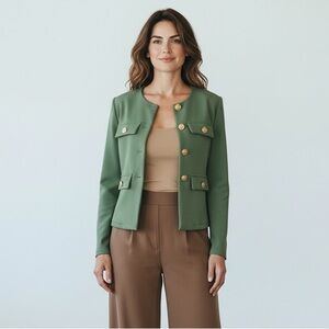 1186 • Scuba Stretch Fresh Olive Collarless Gold Button Lady Jacket Blazer Top